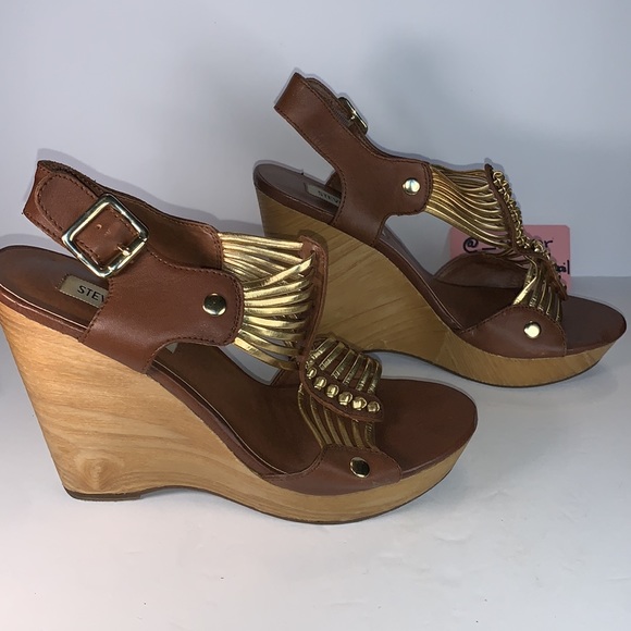 TUSCAAN 8.5 Steve Madden Cognac & Gold Wood Heel Wedge - Picture 7 of 16
